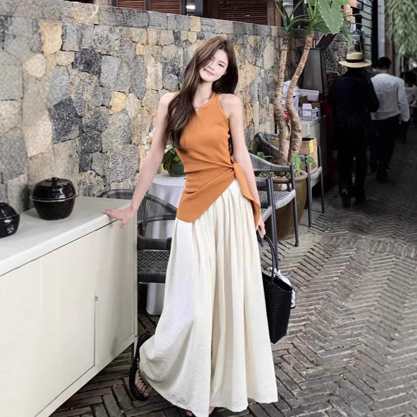 夏装搭配一整套时尚网红炸街小个子盐系穿搭背心上衣阔腿裤两件套