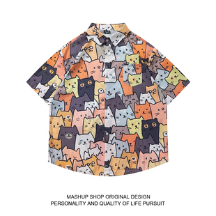 SHIRTS 趣味设计感卡通猫咪印花短袖 夏季 混搭商店ALOHA 衬衫 男女