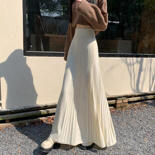 秋冬天配毛衣半身长裙到脚踝高腰显瘦a字伞裙女慵懒风针织百褶裙