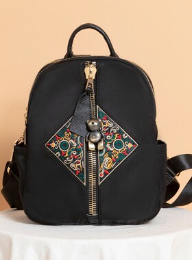 复古风刺绣双肩包女三层牛津布配皮防盗背包黑色简约拉链女式包袋