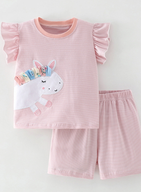 女童粉红色条纹短袖T恤两件套儿童纯棉夏季套装宝宝半袖短裤子2件