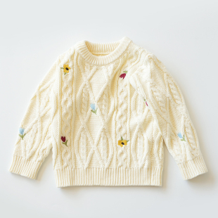 女童白色圆领套头毛衣儿童麻花针织衫宝宝秋冬装中小童毛线衫打底
