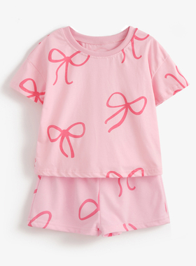 女童纯棉粉红色短袖T恤休闲短裤子两件套儿童夏装宝宝蝴蝶结半袖2