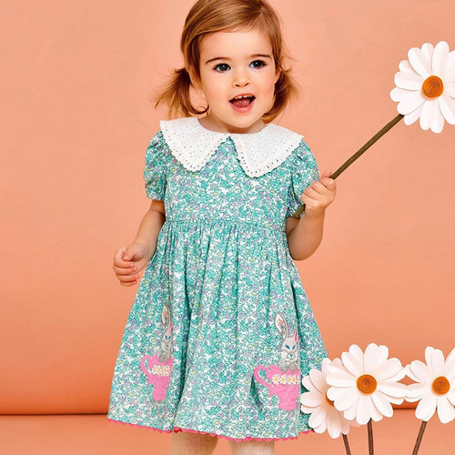 女童收腰翻领连衣裙子宝宝纯棉娃娃裙儿童夏装小童半袖碎花公主裙