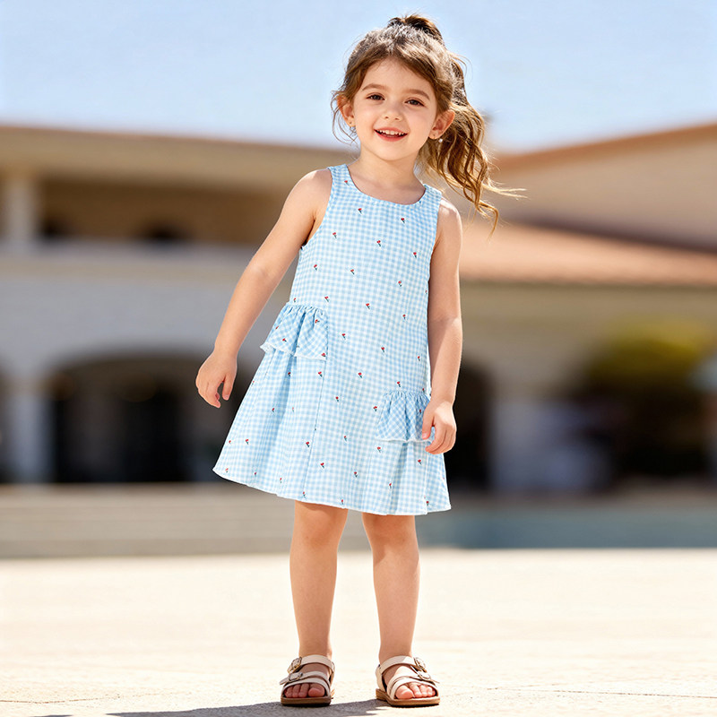 女童无袖格子连衣裙宝宝背心蛋糕裙子儿童洋气夏装小童樱桃A字裙T