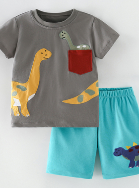男童军绿色恐龙短袖T恤套装宝宝纯棉夏季两件套儿童短裤子沙滩服2