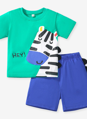男童绿色短袖T恤休闲短裤套装儿童纯棉夏装宝宝斑马半袖热裤2件套