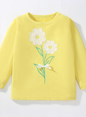 2024新款春秋装女童黄色长袖T恤宝宝花朵上衣中小童打底体恤衫韩7