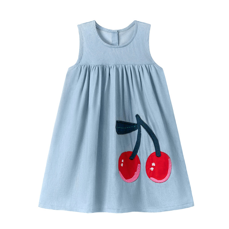 女童夏季纯棉樱桃无袖牛仔连衣裙