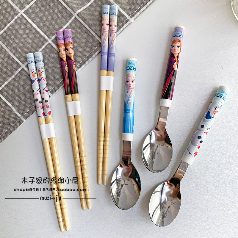 现货 日本制冰雪奇缘2艾莎安娜雪宝儿童宝宝餐具不锈钢勺子筷子