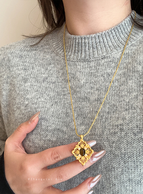 古法新中式缕空菱形花朵虎眼石抽拉项链女轻奢复古时尚颈链毛衣链