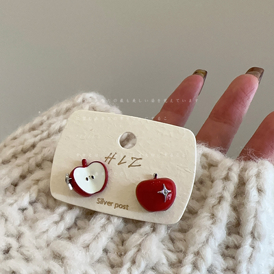 安可拉红滴油不对称苹果耳钉女可爱精致时尚独特通勤优雅耳环耳饰