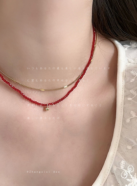 轻奢红色水晶串珠项链女小众复古高级感精致百搭可叠戴颈链锁骨链