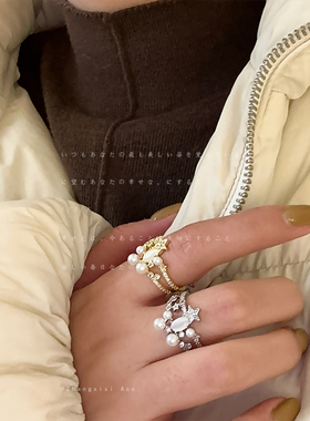 小众设计感星星珍珠猫眼石双层开口戒指女轻奢个性百搭指环戒子