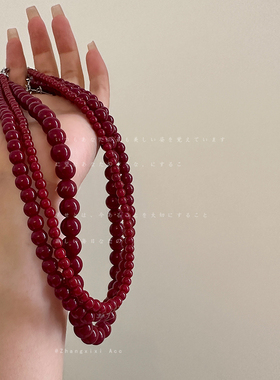 安哥拉红色串珠项链女秋季新款复古轻奢小众显白百搭颈链毛衣链