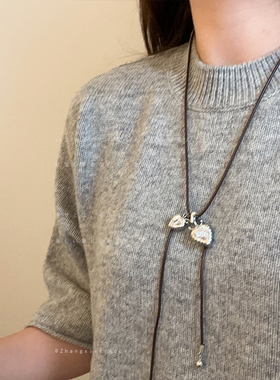 双心吊坠项链女高级感小众气质棕绳锆石爱心毛衣链长款可调节配饰