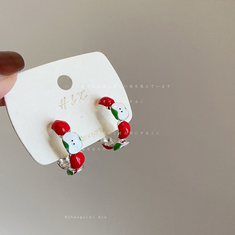 俏皮可爱滴油红绿苹果耳圈耳钉女甜美温柔时尚气质百搭耳环耳饰