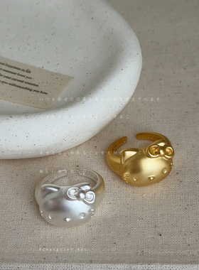 可爱卡通猫咪蝴蝶结哑光金属戒指女高级感个性甜美时尚指环戒子