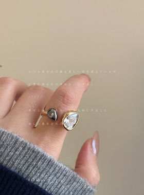 设计感咖啡豆锆石几何金色戒指女复古个性独特时尚潮流指环戒子