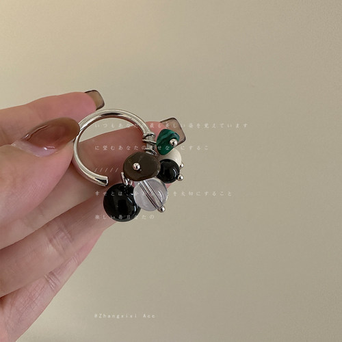 天然石圆球流苏开口戒指女小众夸张独特个性时尚优雅百搭指环戒子