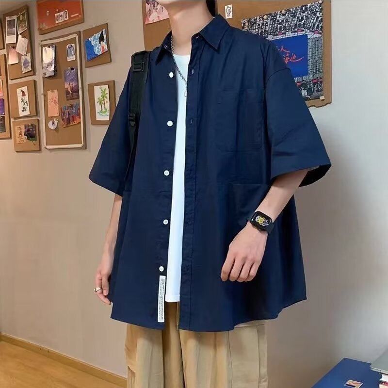 日系简约五分袖衬衫男夏季薄款休闲潮流宽松潮牌翻领衬衣
