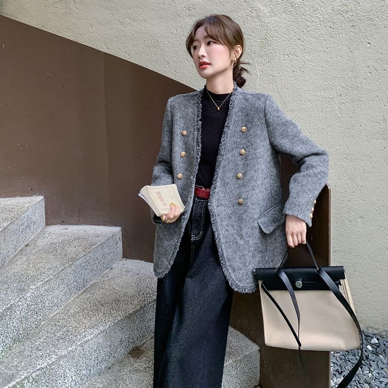 灰色小香风双面羊绒大衣女2025秋冬爆款高级感气质V领羊毛呢外套