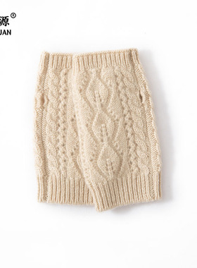 纯山羊绒手套女露指半指打字保暖两片树叶镂空护手腕针织防寒加厚