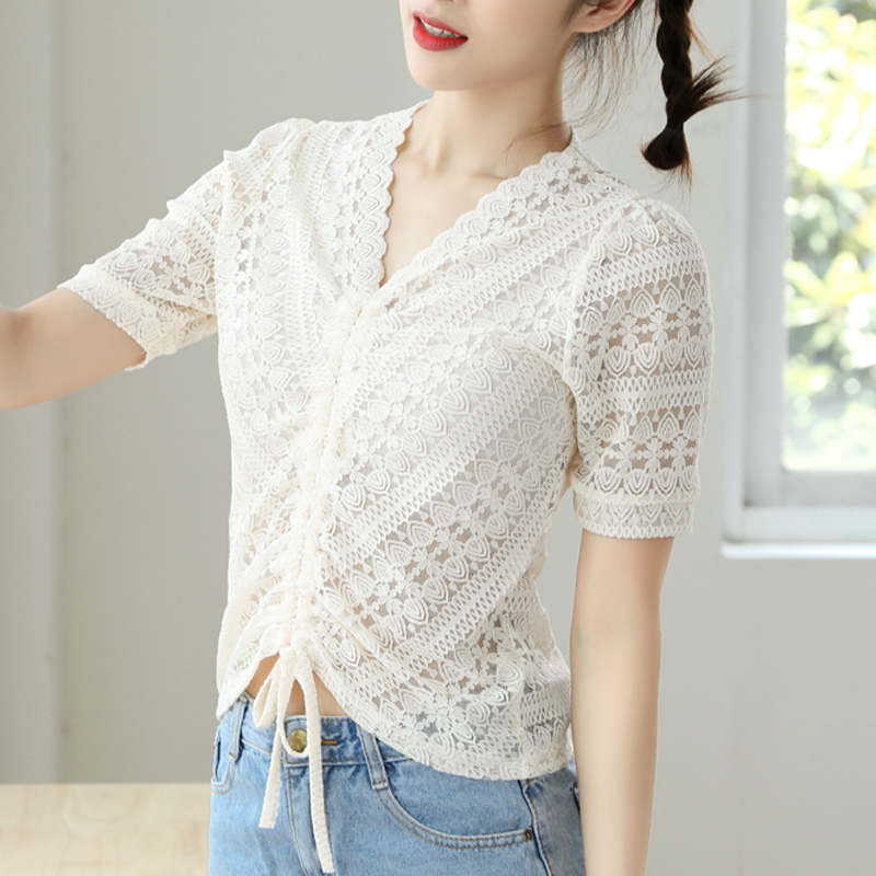 蕾丝短袖夏季新款韩版宽松显瘦V领镂空抽绳打底衫外穿上衣小衫女
