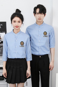 714-Y258P45控59/2025新款夏季条纹中袖衬衫修身工作服衬衣奶茶店图片