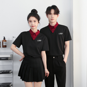 714-D3080P45控69/2025夏季修身工作服衬衫假两件餐厅理发店制服图片