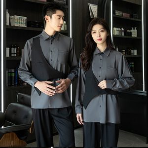 714-H3010P55控75/2025春季男女发型师假两件工作服衬衫夜店衬衣,永城探店穿搭微胖图片