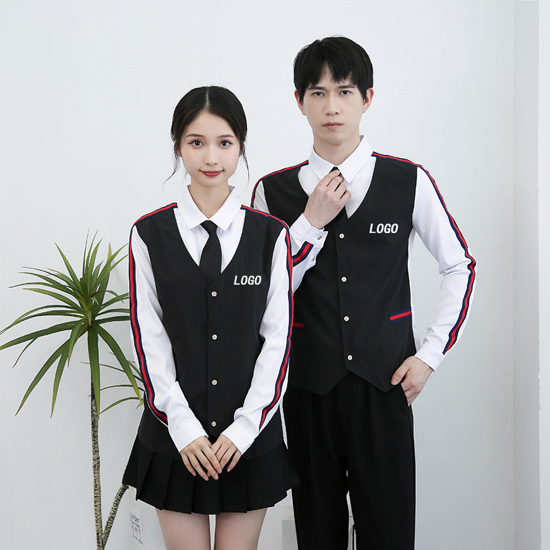 714-H677P55/2025春季男女制服衬衫假两件马甲ktv发型师台球城服图片