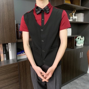 714-H6005P55控69/夏季发型师ktv酒吧衬衫修身假两件团体工作服