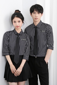 714-5002P45控69/2025夏季五分袖衬衫餐厅奶茶店工作服条纹衬衣图片