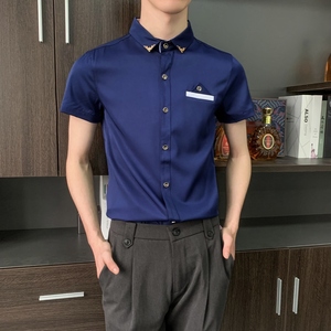 714-9215P30控49/2025夏季理发店KTV酒吧短袖衬衫工作服藏青衬衣图片