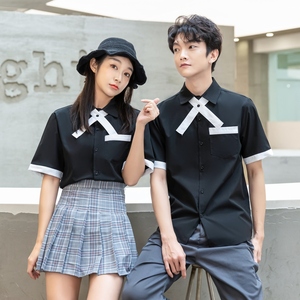 714-C668P40/2025夏情侣装中性短袖衬衫黑白工作服衬衣（不褪色图片