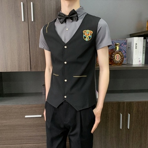 714-H669P55控69/夏季发型师ktv酒吧衬衫假两件空少徽章工作服图片