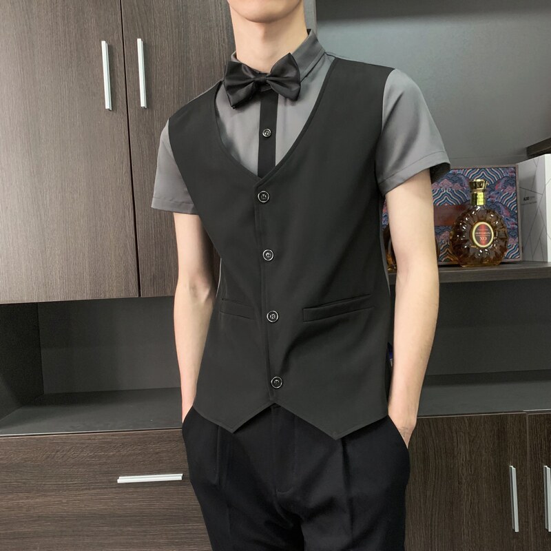 714-H6005P55控69/夏季发型师ktv酒吧衬衫修身假两件团体工作服,男装衬衫,星座714(原C313)