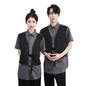714-H3012P55控79/2025夏季宽松假两件拼接工作服衬衫发型师衬衣图片
