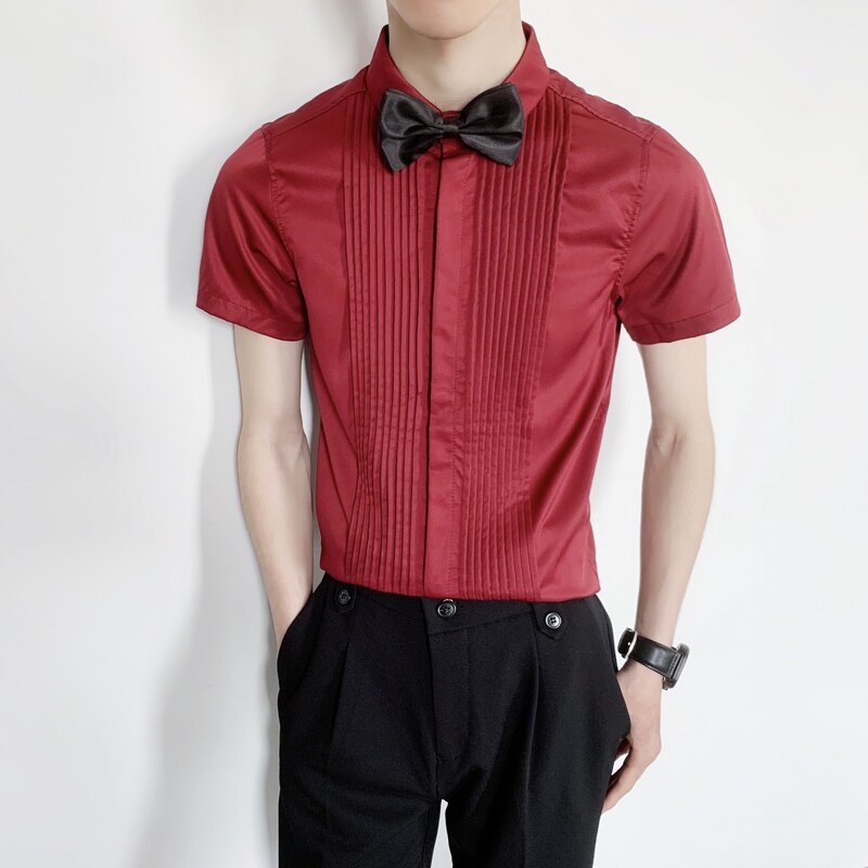 714-9340P40控59/2025短袖工作衬衫修身ktv伴郎服衬衣酒红团建服图片