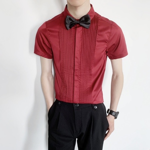 714-9340P40控59/2025短袖工作衬衫修身ktv伴郎服衬衣酒红团建服图片