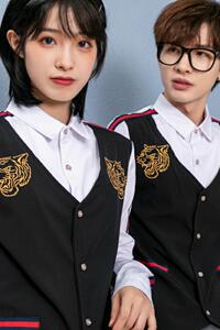 714-H654P55/2025情侣装工作服衬衫假两件马甲衬衣酒吧餐厅S-5XL图片