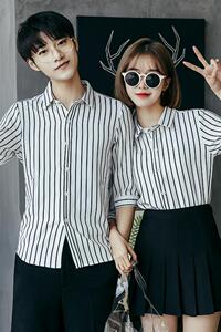 Y5002/2025情侣衬衫男女衬衣条纹修身工作服衬衣七分袖S-5XL P50图片