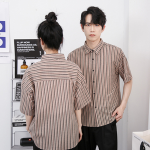 714-D644P35控49/2025新款夏季条纹短袖衬衫餐厅浴场理发店制服图片