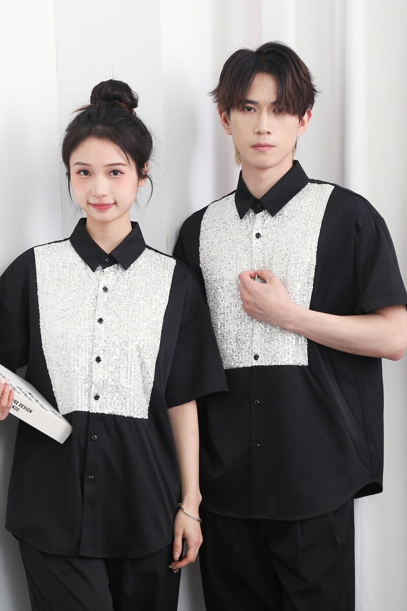 714-D3075P45控69/2026夏季宽松工作服衬衫亮片拼接团体服制服,男装衬衫,星座714(原C313)
