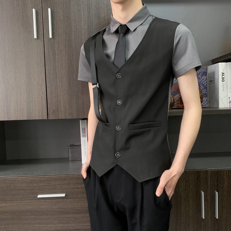 714-H6004P55控69/发型师ktv酒吧衬衫修身假两件工作制服假背带,男装衬衫,星座714(原C313)
