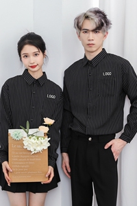714-D3037P45控65/2024秋季新款男女条纹工作服衬衫奶茶店餐厅服图片