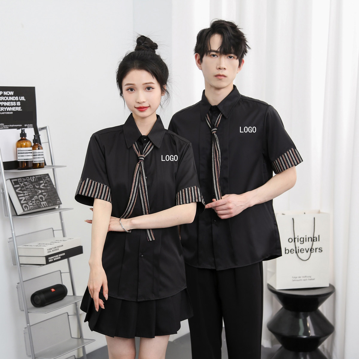 714-D641P45控69/2025夏季条纹拼接餐厅理发店奶茶店工作服衬衫图片