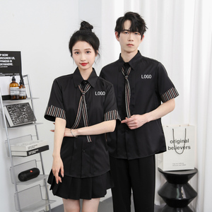 714-D641P45控69/2025夏季条纹拼接餐厅理发店奶茶店工作服衬衫图片