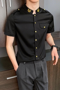 714-D607P45控65/2025夏季男空少短袖衬衫立领工作服衬衣ktv酒店图片